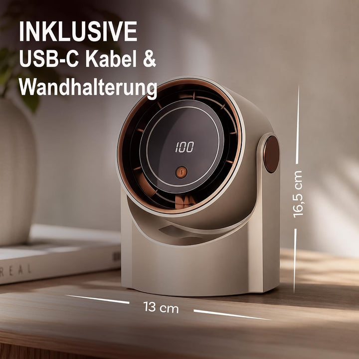 Bestlivings Tisch- und Wandventilator Akku Creme 5 Stufen | 1200 mAh, LED Display, 22 dB leise, USB-