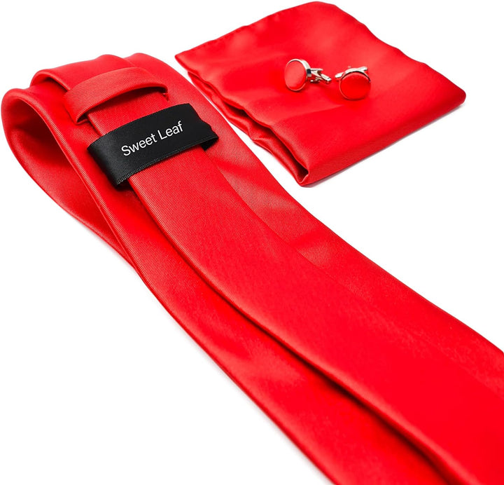 Sweet Leaf Krawatte Set mit Rot Satin Krawatte, Einstecktuch und Manschettenknöpfe für Herren - 100%