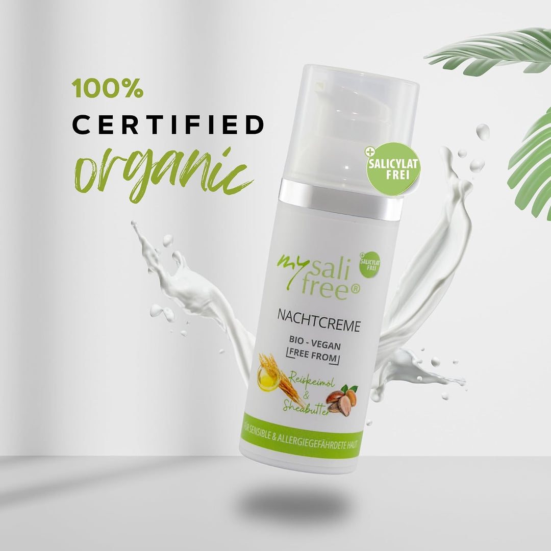 mysalifree BIO NACHTCREME, reichhaltige Feuchtigkeitspflege für sensible Haut mit Reiskeimöl und She