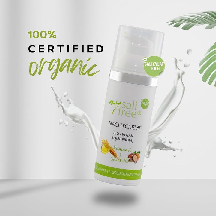 mysalifree BIO NACHTCREME, reichhaltige Feuchtigkeitspflege für sensible Haut mit Reiskeimöl und She