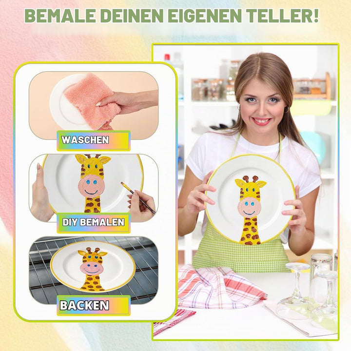 Sinmoe Keramik Bemalen Set Teller zum Bemalen Enthält 4 Porzellanteller 3 Pinsel 12 Acrylfarben 1 Ge