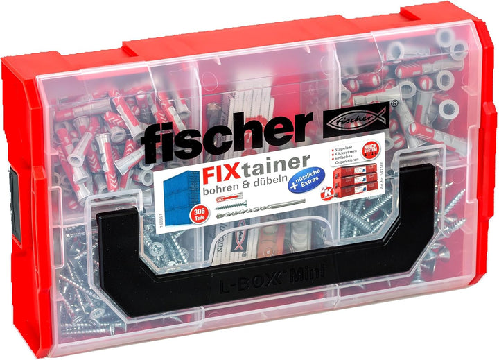 fischer 547166 FIXtainer DUOPOWER bohren & dübeln, Dübelbox mit 306 Teilen, inkl. Dübel, Schrauben,