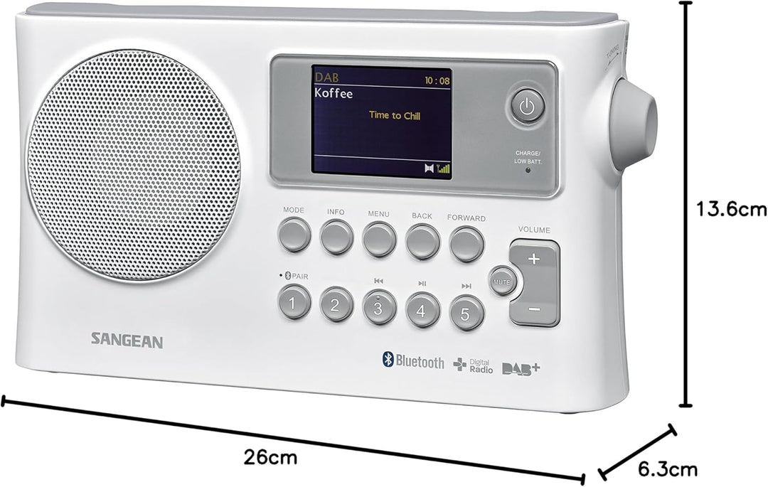 Sangean BTR-160 tragbares Digitalradio (DAB+/UKW-RDS/Bluetooth/Dual-Alarm) weiss