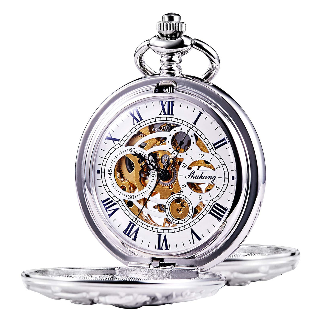 TREEWETO Herren Antik Bronze/Silber Drache Mechanische Skelett Taschenuhr für Damen mit Kette 4. Sil