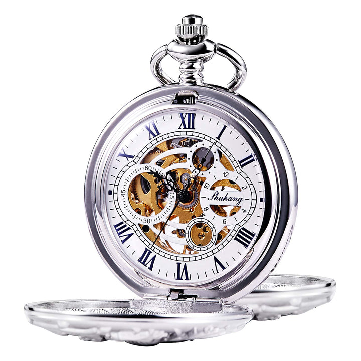 TREEWETO Herren Antik Bronze/Silber Drache Mechanische Skelett Taschenuhr für Damen mit Kette 4. Sil