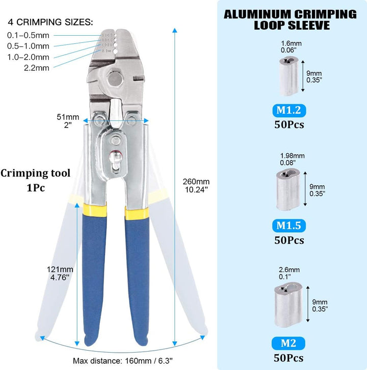 Glarks Drahtseil-Crimpzange Drahtseil-Crimper Drahtschneider Crimper bis zu 2.2mm mit 150 Stück 3 Gr