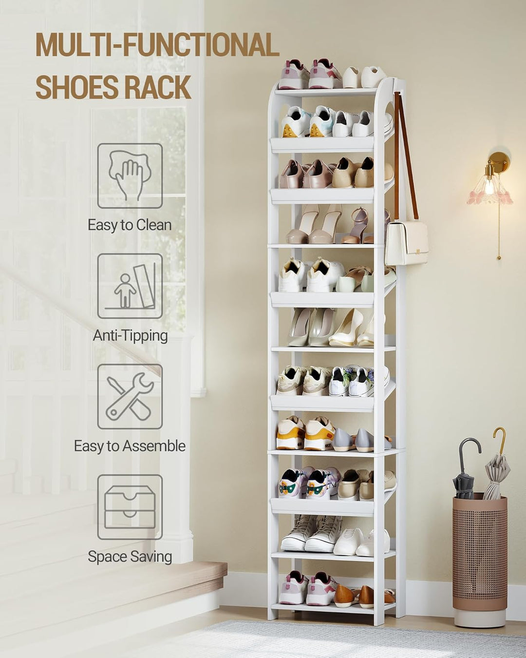 Hzuaneri Vertikales Schuhregal, 11 Ebenen Schmale Schuhregale, Holz-Schuh-Organizer für Schrank, Ein