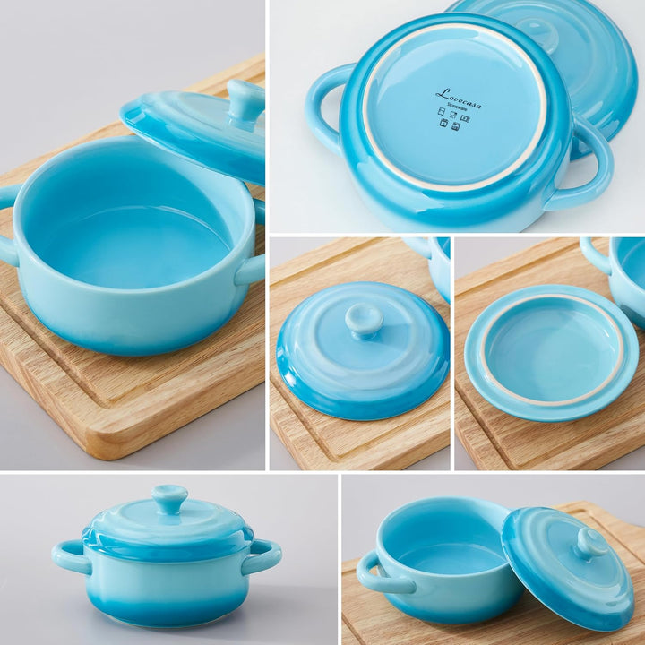 LOVECASA Kleine Auflaufform aus Steinzeug, 4 x 380 ml Mini-Cocotte mit Deckel, Souffle Förmchen Back