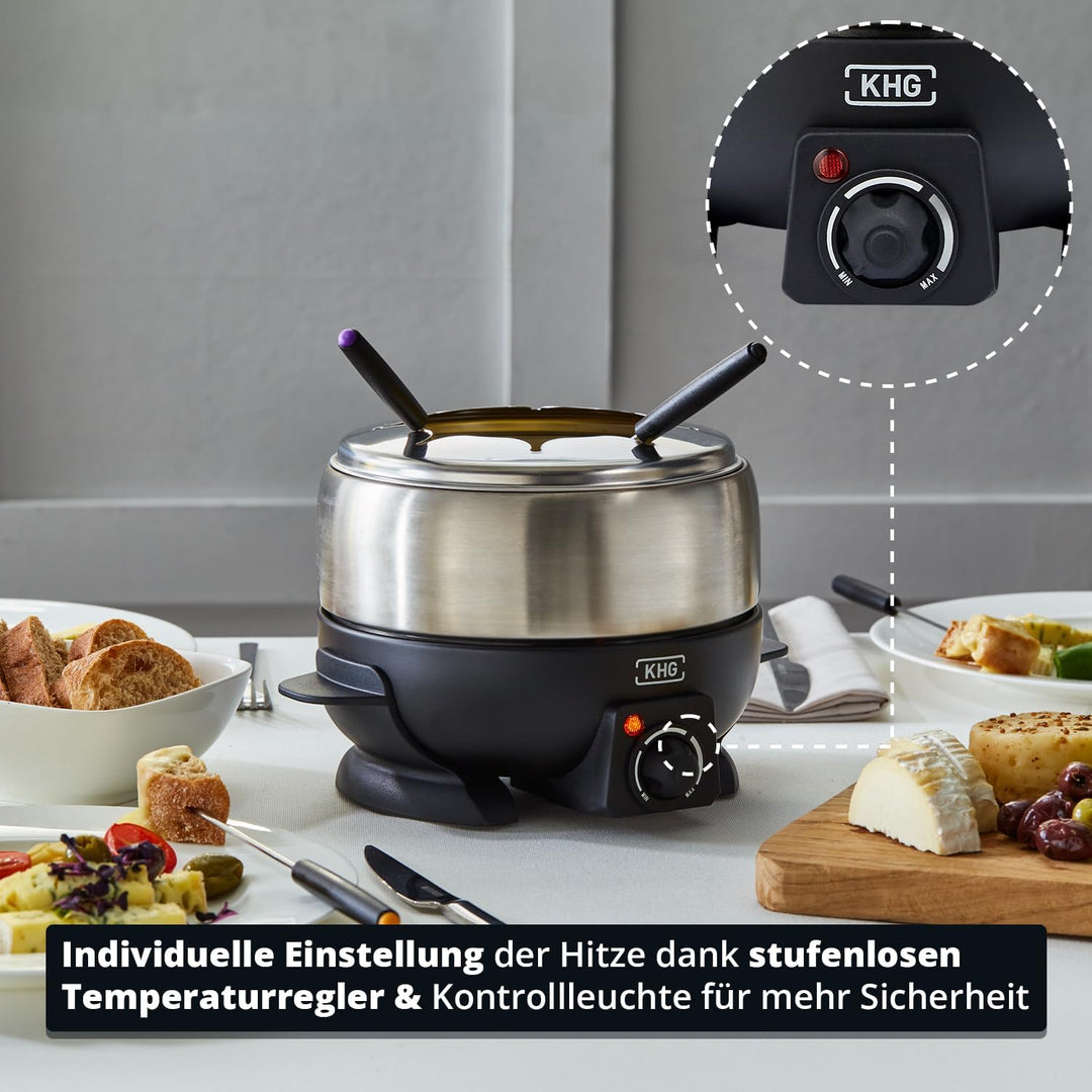 KHG Elektro-Fondue FO-800SE mit Edelstahl-Topf 1,8 L Silber für bis zu 8 Personen, variable Temperat