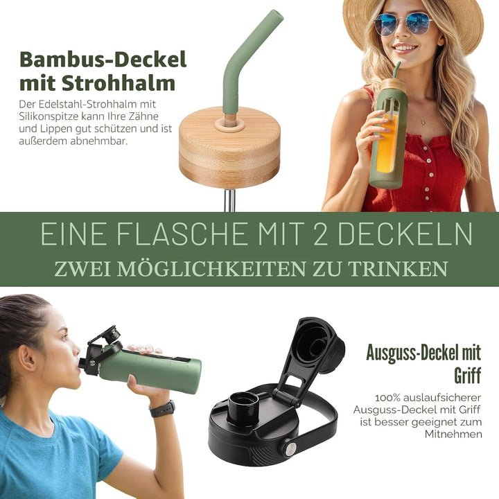 BLUEGO Trinkflasche Glas 700ml Sport Wasserflasche mit 2 Deckeln und Strohhalm Auslaufsichere Glasfl