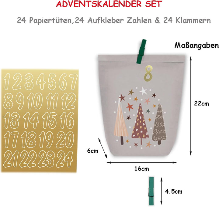 Adventskalender zum Befüllen, 24 Weihnachtskalender Papiertüten zum Selber Basteln, DIY Geschenktüte