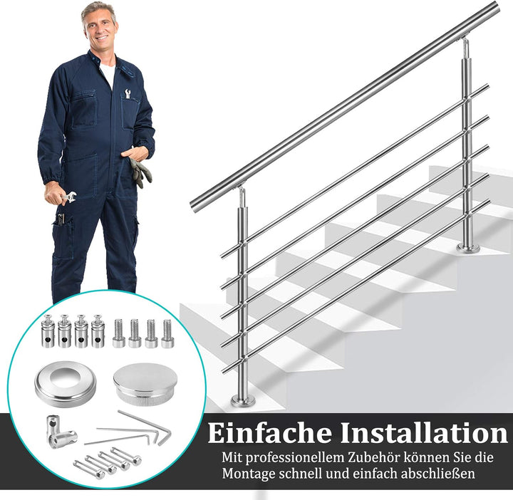 LILIIN Edelstahl Handlauf Geländer Treppengeländer 180 cm mit 2 Querstreben Montagematerial Wandhand