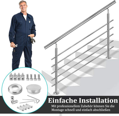 Aufun Edelstahl Handlauf 150cm Treppengeländer Innen und Aussen mit 2 Pfosten für Treppen, Brüstung,