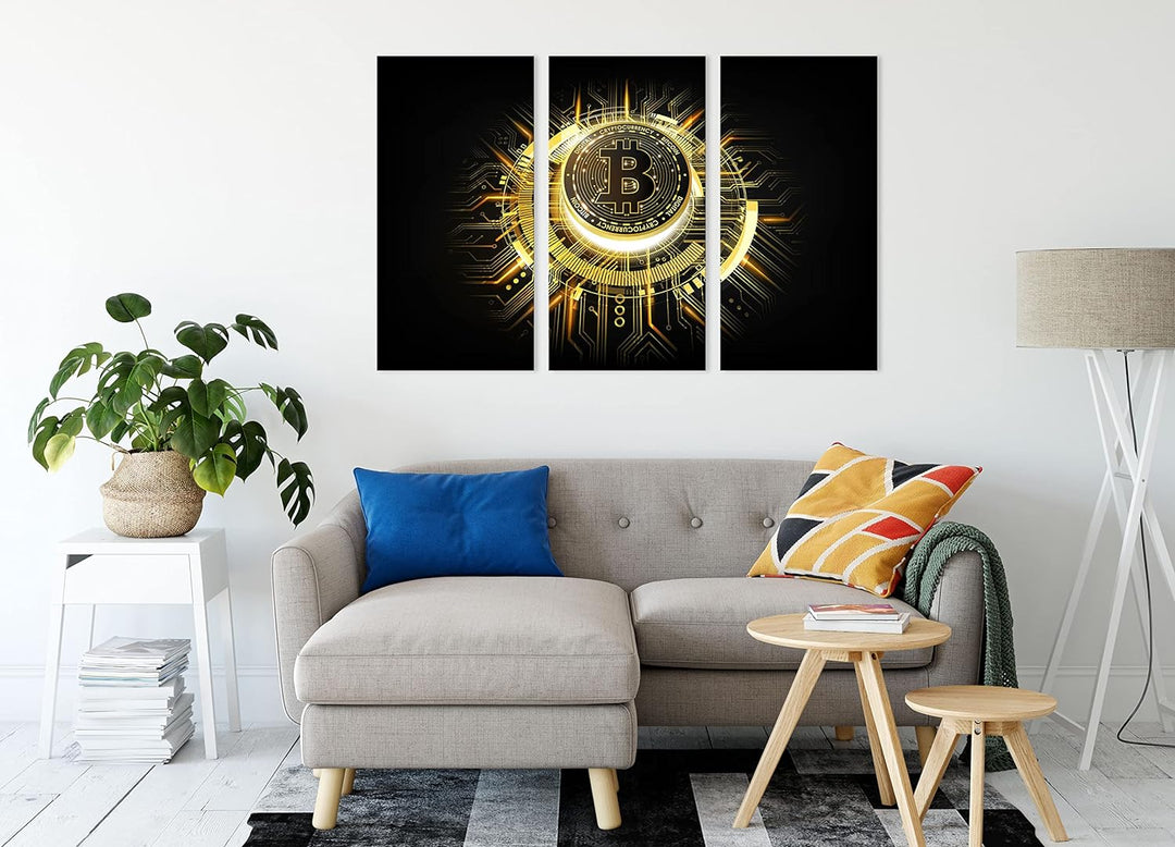 strahlender Bitcoin BTCals Leinwandbild 3 teilig | Grösse: 120x80 cm | Wandbild | Kunstdruck | ferti