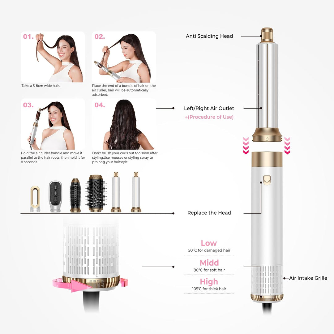MogaWave Haarstyler Pro Air Styler 6 in 1 Hair Styler 1000W Rundbürstenföhn, Warmluftbürste, Föhnbür