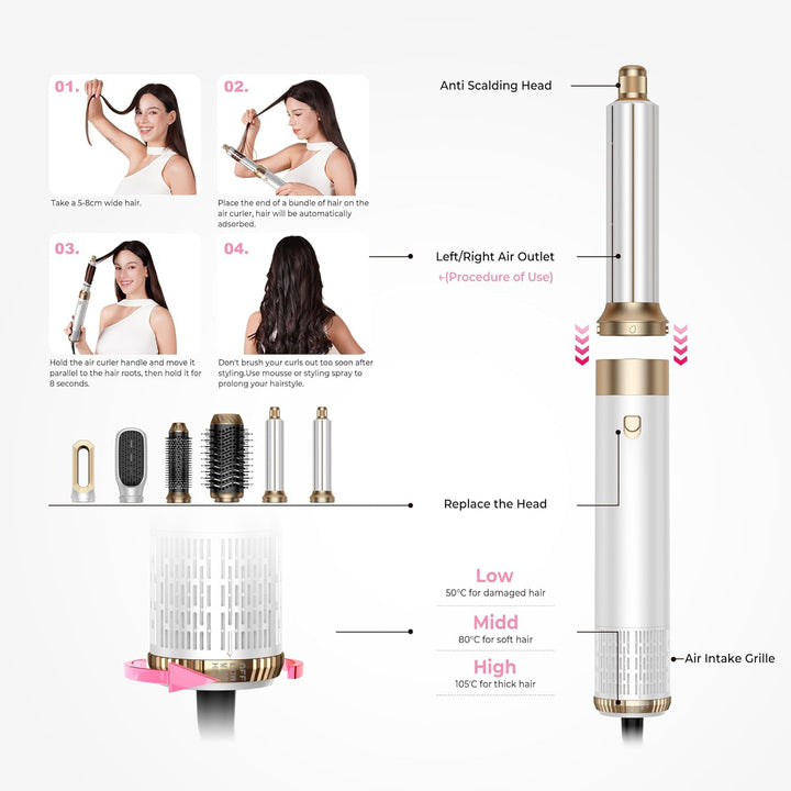 MogaWave Haarstyler Pro Air Styler 6 in 1 Hair Styler 1000W Rundbürstenföhn, Warmluftbürste, Föhnbür