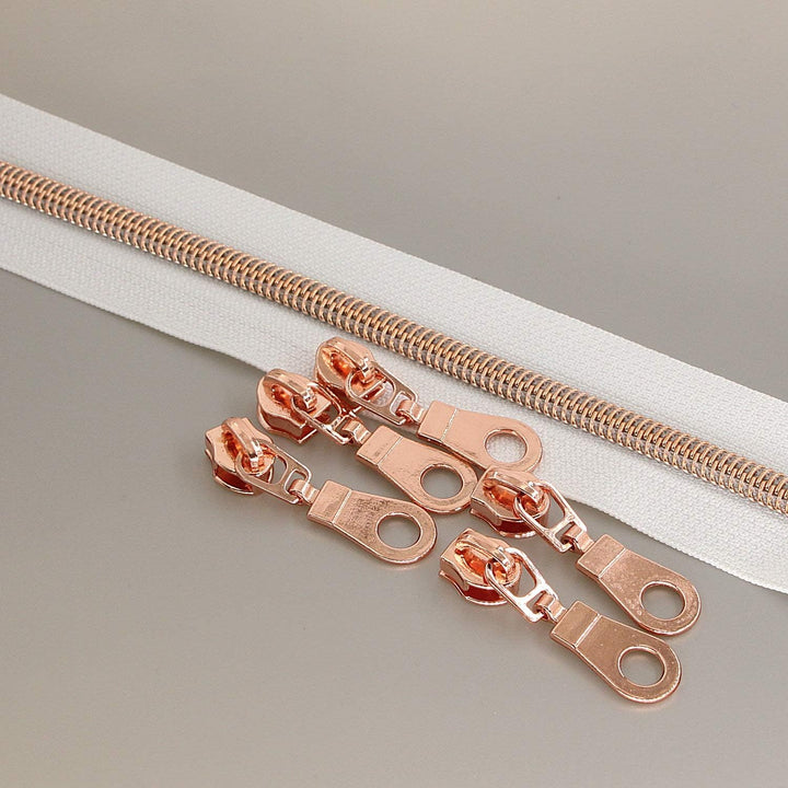 5# Nylon-Reissverschlüsse Meterware 10 Yards Roségold Metallic-Zähne Weisses Klebeband mit 25 Stück