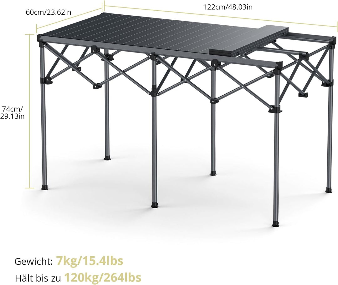 Anbte Campingtisch Grilltisch 122x60x74cm(LxBxH) Übergrösse Alu Rolltisch X-Frame Design Klapptisch
