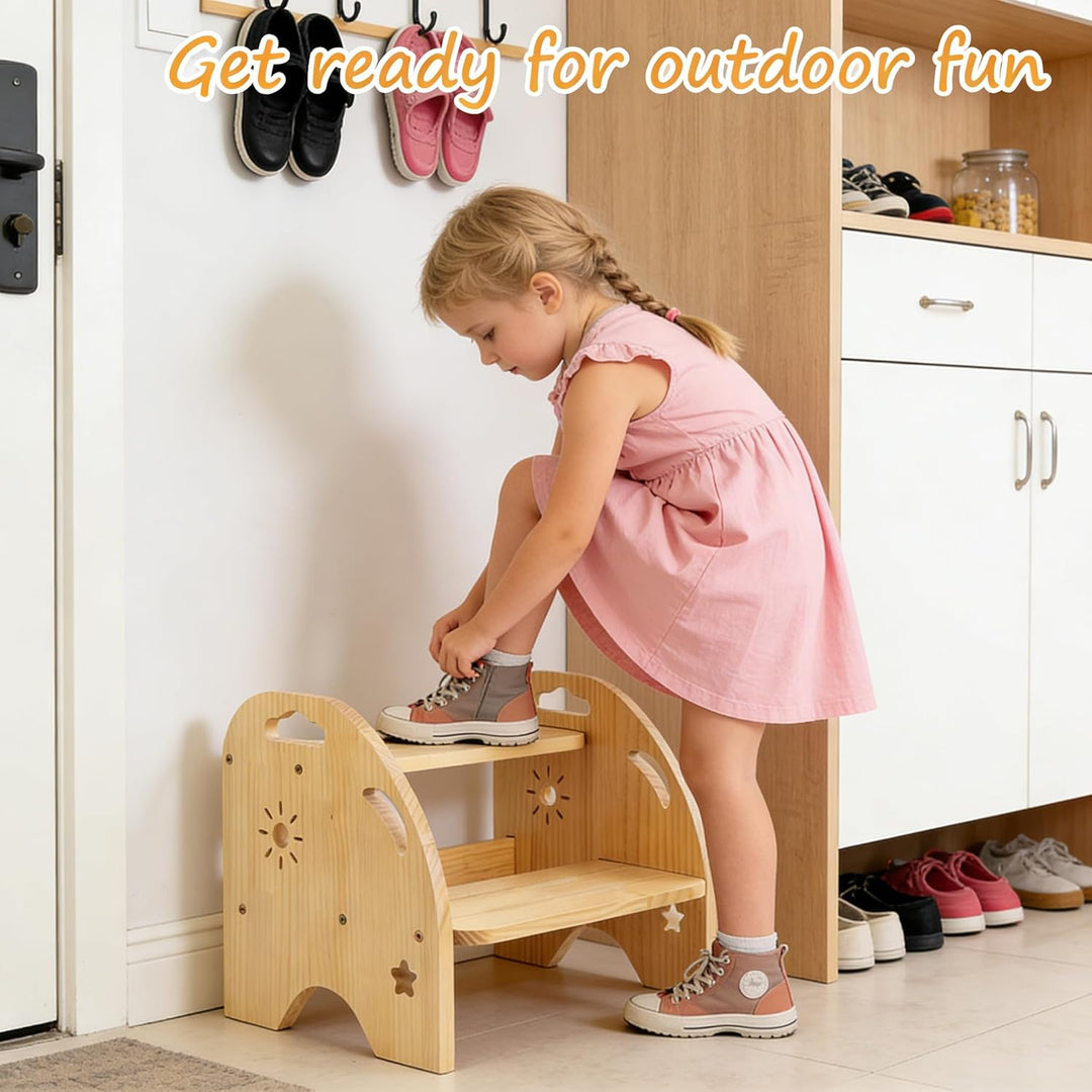 CEWROM Tritthocker Kinder Holz 2 Stufen, Rutschfester Kinderhocker mit Griff, Stabiler tritthocker,
