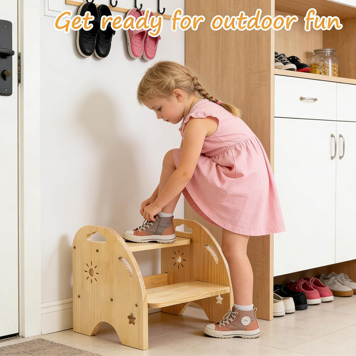 CEWROM Tritthocker Kinder Holz 2 Stufen, Rutschfester Kinderhocker mit Griff, Stabiler tritthocker,