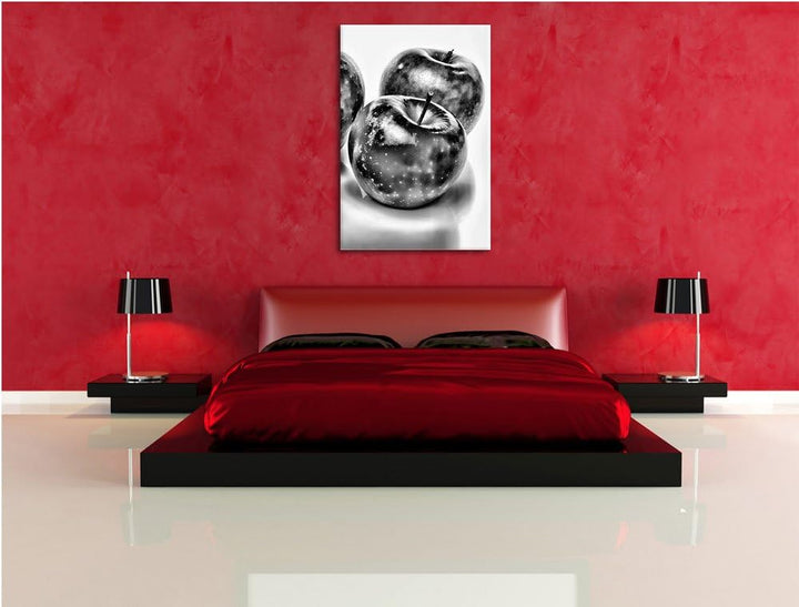 Pixxprint Monocrome, Bunte Äpfel schwarzer Hintergrund, Format: 100x70 auf Leinwand, XXL riesige Bil