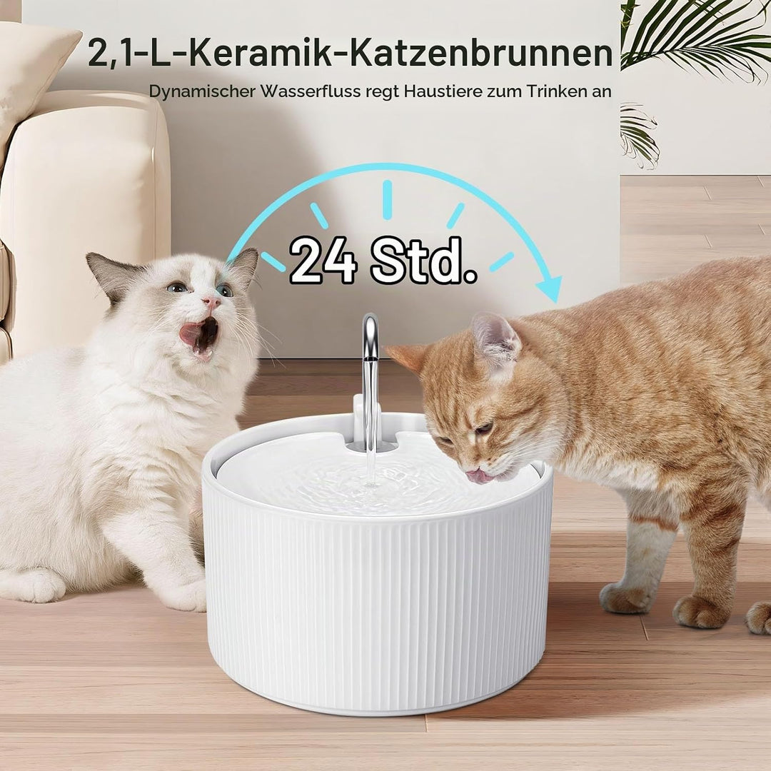 Katzenbrunnen Keramik, 2.2L Trinkbrunnen für Katze, Super Leiser Wasserspender für Haustiere mit Akt