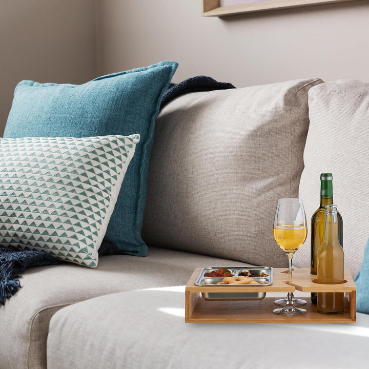 Relaxdays Couchbar, Bambus, Edelstahlschale für Snacks, Getränke- & Weinglashalter, Griffe, Couchorg