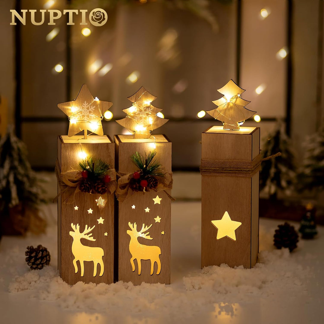 NUPTIO Weihnachtsdeko Holz Rentier Fensterbank - 30cm Höhe 2 Stück LED Dekosäule Holzdeko Weihnachte