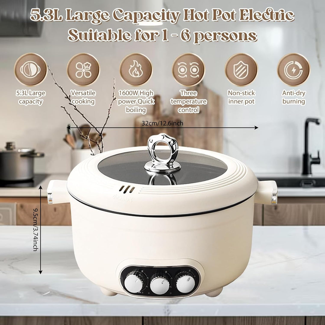 Hot Pot Elektrisch, 5.3L Elektrischer Kochtopf, 1000W Multifunktionale Bratpfanne Antihaft-Suppentop