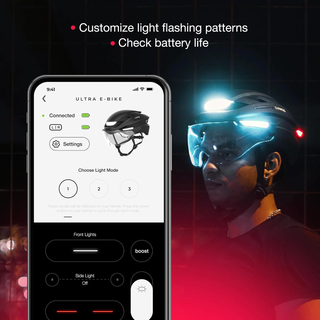 Lumos Ultra E-Bike Smart Helmet | NTA 8667 Certified | Front & Rear LED Lights | Retractable Face Sh