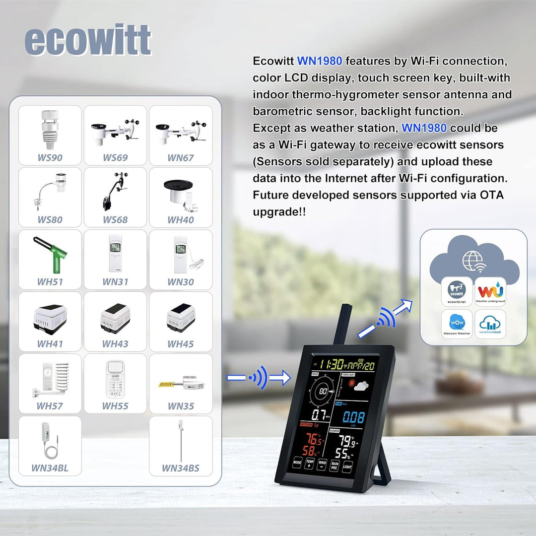 ECOWITT Wetterstation WN1980, 5 in 1 Wireless Outdoor Wetterstation Sensor WN67 (nicht Solarbetriebe