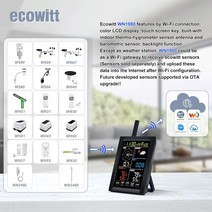 ECOWITT Wetterstation WN1980, 5 in 1 Wireless Outdoor Wetterstation Sensor WN67 (nicht Solarbetriebe