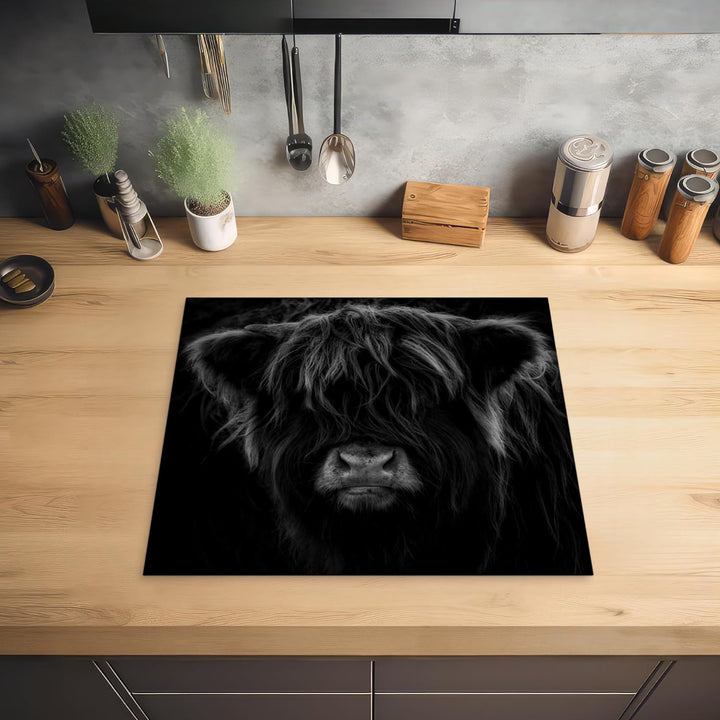 MuchoWow Herdabdeckplatte Ceranfeld Spritzschutz Küche Schottischer Highlander - Kuh - Schwarz - Wei