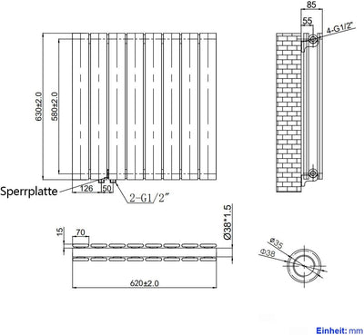 EMKE Design-Heizkörper 630x620mm Heizkörper Horizontal Anthrazit Paneelheizkörper Seitenanschluss Do