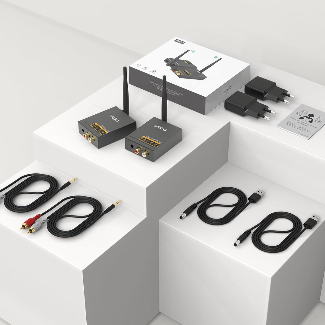 YMOO 2,4GHz Audio funkübertragung Sender Empfänger Kit, Cinch 3.5mm Klinke Audio Adapter, 20ms niedr