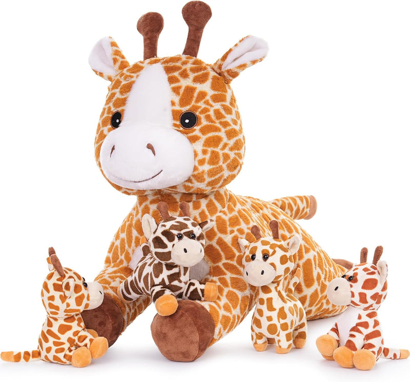 MorisMos 55cm lang riesen Giraffe Kuscheltier gross, Giraffe Stofftier XXL mit 4 Plüschbaby im Bauch