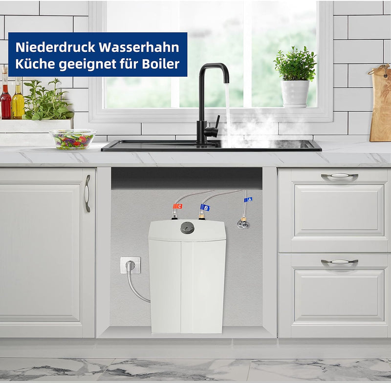 CECIPA Niederdruck Armatur Küche Schwarz, Wasserhahn Küche Schwarz mit 3 x G3/8 Anschlussschläuchen,