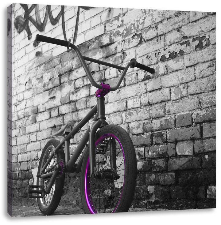 Pixxprint BMX Fahrrad vor Graffitiwand schwarz/weiss, Format: 70x70 auf Leinwand, 70x70
