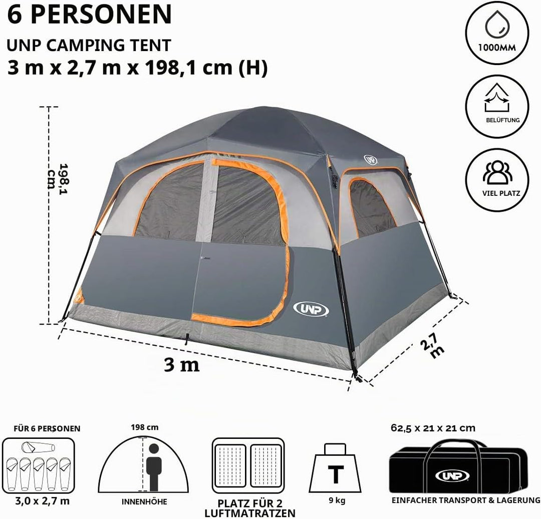 UNP Tents 6 Person Waterproof Windproof Easy Setup,Double Layer Family Camping Tent with 1 Mesh Door