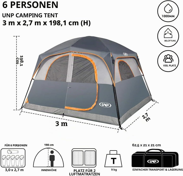 UNP Tents 6 Person Waterproof Windproof Easy Setup,Double Layer Family Camping Tent with 1 Mesh Door