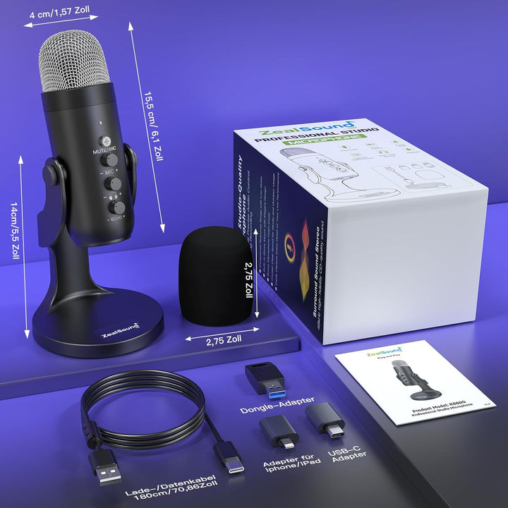 zealsound Wireless USB Mikrofon für PC, Handy & iPhone - 2.4GHz Drahtloses Tishmikrofon mit Rauschun