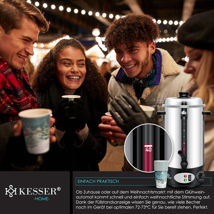 KESSER® Glühweinkessel 8L Edelstahl Inkl. 10x Becher Glühweinkocher mit Thermostat Glühweinautomat H