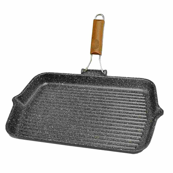 Bormioli Rocco Risolì Antihaft-Grillpfanne, 43 x 26 cm, gefalteter Griff, Holz