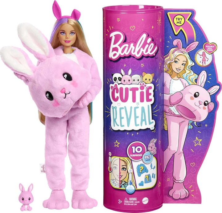 Barbie HHG19 - Cutie Reveal Puppe mit Hasen-Plüschkostüm und 10 Überraschungen inklusive Mini-Hausti
