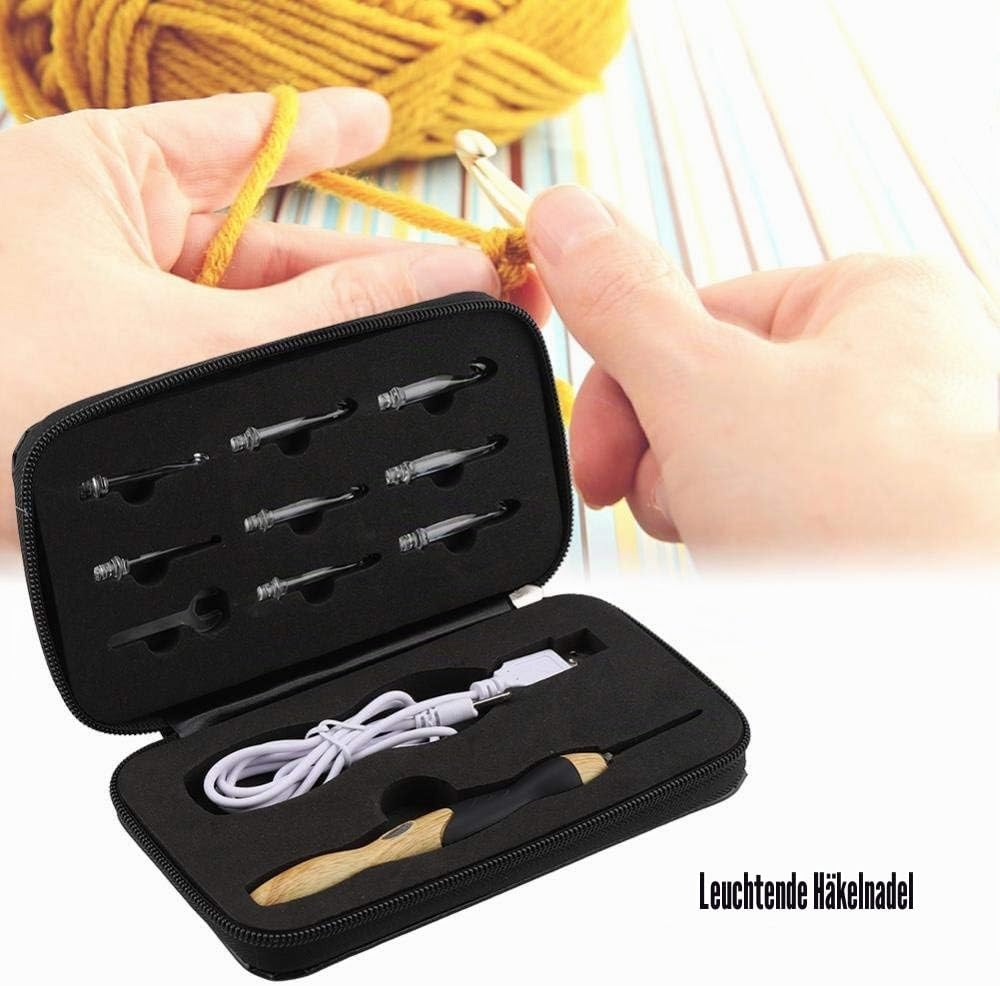 LED Häkelnadel Set, 9-in-1, per USB Wiederaufladbar, Beleuchtete Häkelnadeln mit Licht, Handweben Nä