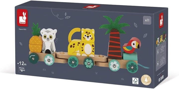 Janod - Tropischer Nachziehzug Tropik - Nachziehspielzeug aus Holz - 11 Teile + 3 Waggons - Lernspie
