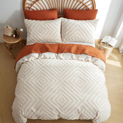 Freyamy Böhmen Bettwäsche 200x220cm 3teilig Beige Getuftet Kariert Boho Bettwäsche Stickerei Shabby