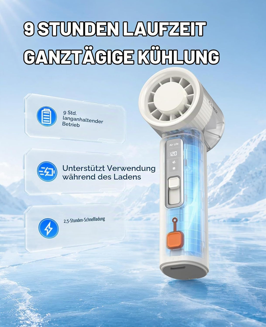 ORICO MiFan Handventilator mit Kühlfunktion, Weiss | 3000mAh Akku, 120 Stufen Turbo, LED-Anzeige, Tr