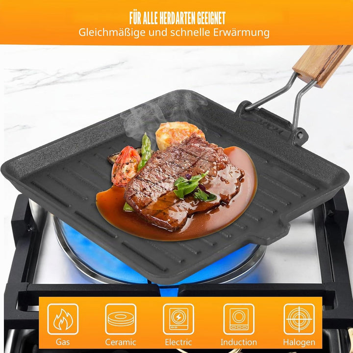COZHEYSS Steakpfanne Gusseisen Grillpfanne Klappbarer Holzgriff, 24×24cm Grill Pan Induktion Viereck