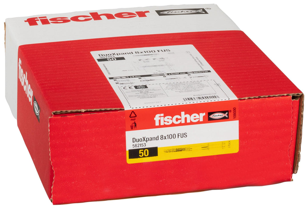 fischer DuoXpand 8 x 100 FUS, hochwertiger Universaldübel mit Sechskantschraube & angeformter U-Sche